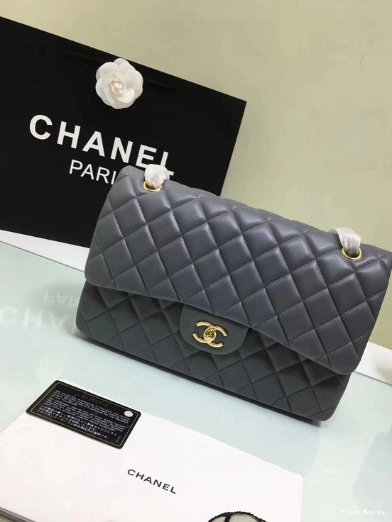 Firstbag Ru Size With CHANEL Lambskin Bag Leather Flap 1112 Silver Grey 30cm Hardware Large Gold 0806